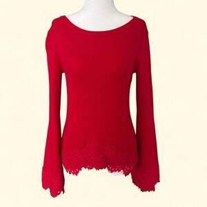 INC Cherry Red Romantic Coquette Lace Bell Sleeve Ribbed Top